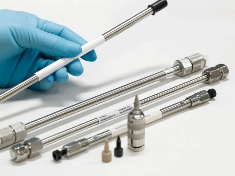 Mão com luva azul segurando uma coluna cromatográfica de HPLC em uma bancada branca, ao lado de outras colunas e acessórios metálicos de diferentes tamanhos, representando equipamentos laboratoriais de alta precisão.