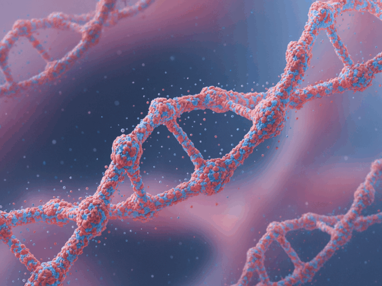 Ilustração de dupla hélice de DNA com partículas celulares, representando o sequenciamento simultâneo de DNA e RNA.