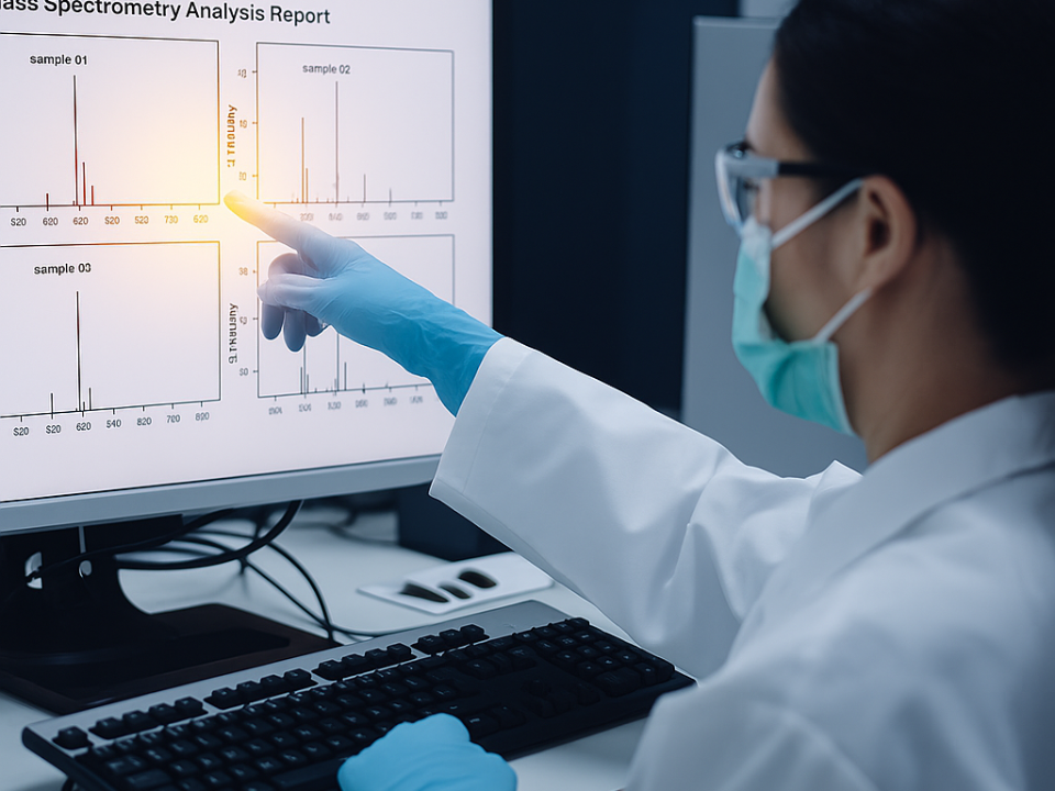 Visualização gráfica de espectro de massas representando padrões de fragmentação e dedução estrutural de moléculas.