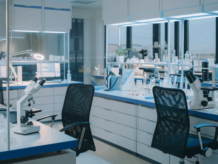 Laboratório moderno e iluminado com microscópios e instrumentos em bancadas de análise química