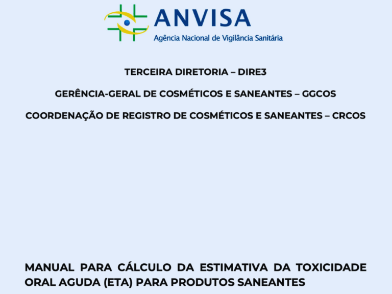Capa ilustrativa do Manual da Anvisa sobre cálculo da Estimativa da Toxicidade Oral Aguda (ETA) para produtos saneantes – Outubro de 2025.