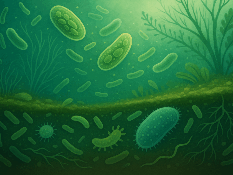 Microrganismos microscópicos em ambiente natural representando o papel biológico no equilíbrio climático e na mitigação do aquecimento global.