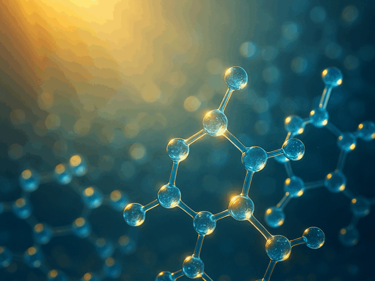 Ilustração científica de materiais orgânicos com brilho quântico representando energia solar e coerência eletrônica.