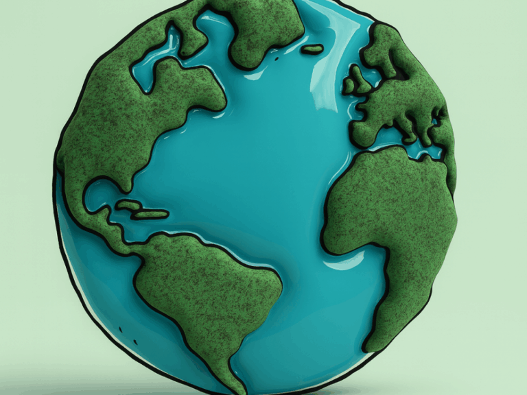 Ilustração 3D de um globo terrestre estilizado com continentes em textura verde e oceanos azuis brilhantes, em fundo verde-claro, representando sustentabilidade e temas ambientais.