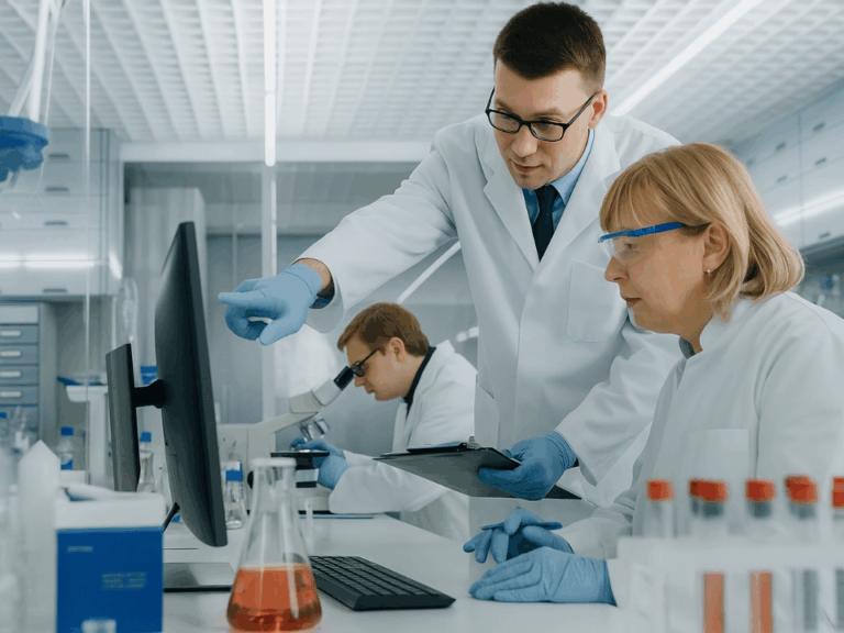 Cientistas em laboratório moderno analisando dados no computador e no microscópio, com tubos de ensaio, representando controle de qualidade analítico.
