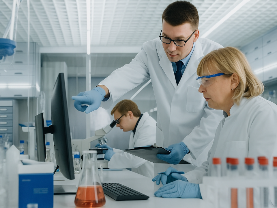 Cientistas em laboratório moderno analisando dados no computador e no microscópio, com tubos de ensaio, representando controle de qualidade analítico.