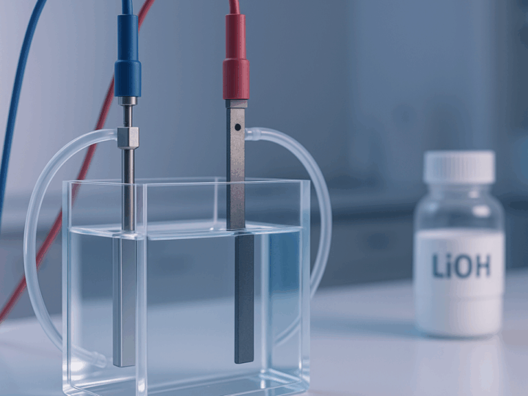 Célula eletroquímica transparente com eletrodos metálicos imersos em solução aquosa, tubos de circulação e frasco de LiOH desfocado ao fundo, representando recuperação eletroquímica de lítio em laboratório tecnológico.