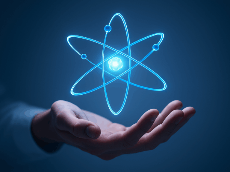 Imagem ultrarrealista de uma mão humana segurando um modelo atômico azul luminoso, representando pesquisa em catálise, materiais e ciência química.