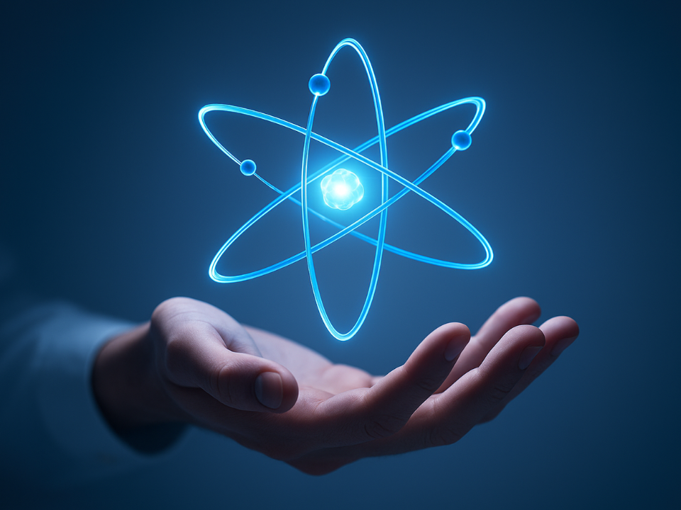 Imagem ultrarrealista de uma mão humana segurando um modelo atômico azul luminoso, representando pesquisa em catálise, materiais e ciência química.