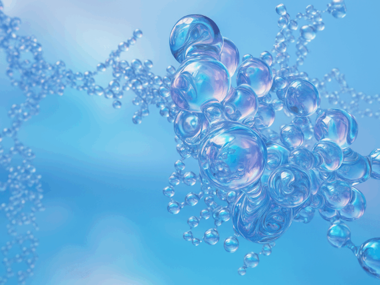 Representação artística de estruturas moleculares em ambiente aquático, sugerindo a interação de enzimas PETase marinhas no processo de biodegradação do PET.