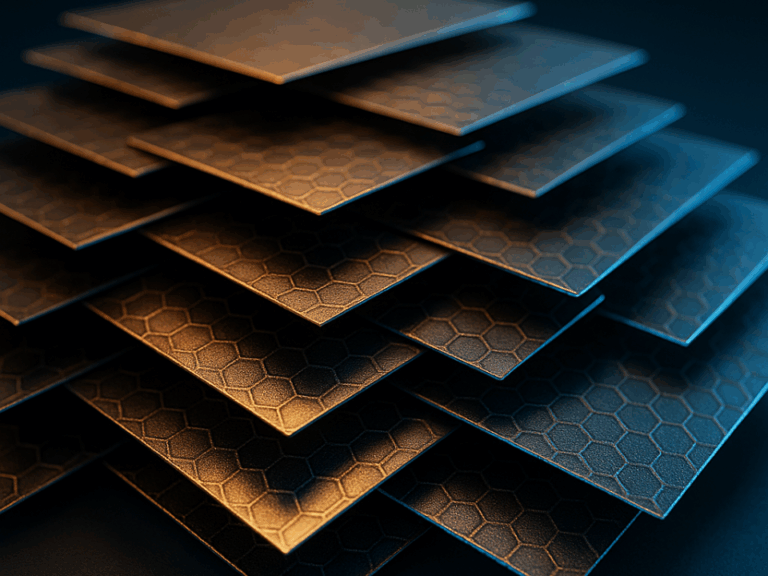 Estruturas em camadas de MXenes representadas como folhas metálicas bidimensionais com padrão hexagonal iluminado em tons azulados e dourados, sugerindo materiais avançados aplicados à síntese sustentável de amônia.