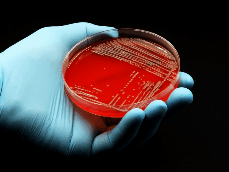 Profissional de laboratório utilizando luva azul segura uma placa de Petri com agar vermelho e colônias bacterianas visíveis sobre fundo escuro.