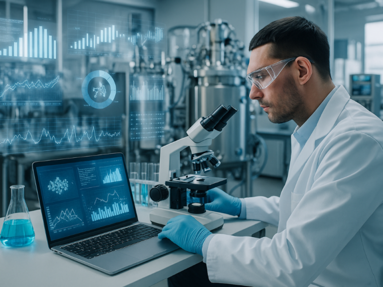 Laboratório industrial moderno com analista usando microscópio, laptop exibindo gráficos digitais e elementos holográficos que representam integração de dados e automação no controle de qualidade.