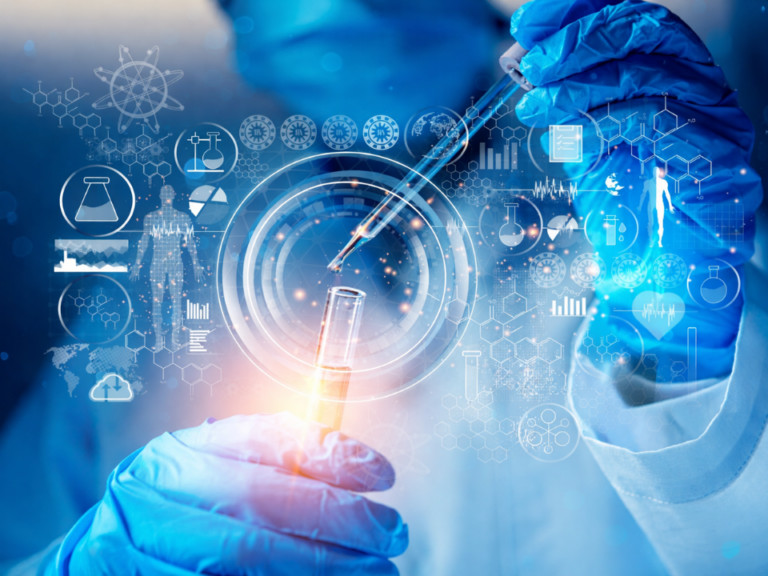 Pesquisador em laboratório utilizando pipeta para transferência de amostra em tubo de ensaio, com sobreposição de ícones digitais que representam processos químicos, análise de dados, inovação científica e tecnologia industrial.