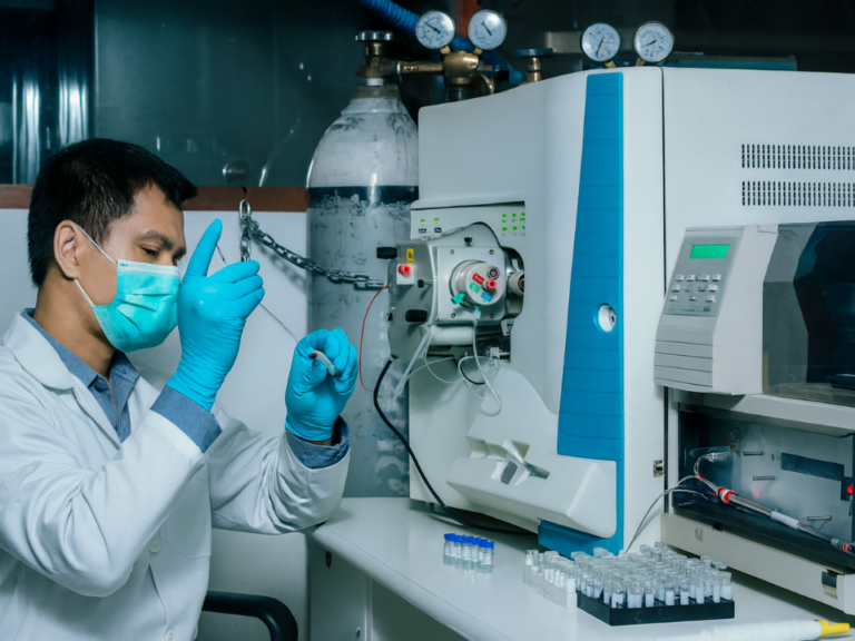 Analista opera espectrometria de massas sem cromatografia em laboratório analítico, realizando análise direta de amostras com instrumentação avançada.