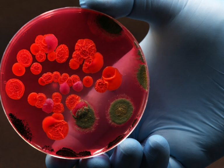 Análise microbiana em placa de Petri com diferentes colônias cultivadas em meio sólido, ilustrando métodos clássicos aplicados à ciência analítica e microbiologia.