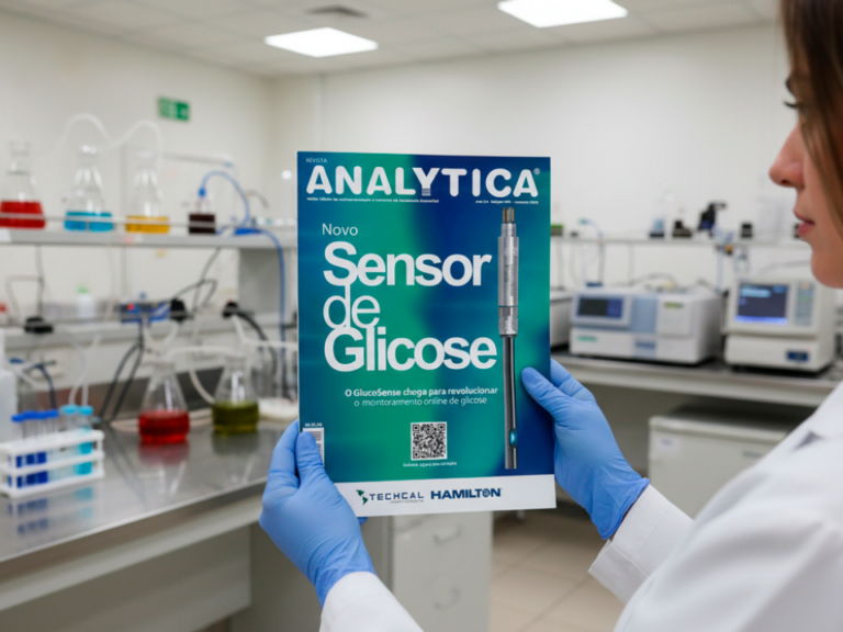 Pessoa em ambiente de laboratório segurando a revista Analytica edição 140, com destaque na capa para sensor de glicose, instrumentação analítica e monitoramento de processos biotecnológicos.