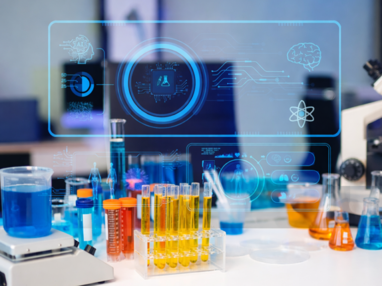 Laboratório moderno com vidrarias e interface digital representando inteligência artificial aplicada à análise espectral e espectroscopia infravermelha.