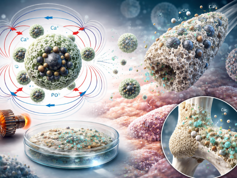 Ilustração científica de nanomateriais magnéticos bioativos com núcleo magnético e superfície rica em cálcio, aplicada a biomateriais regenerativos e mineralização óssea.
