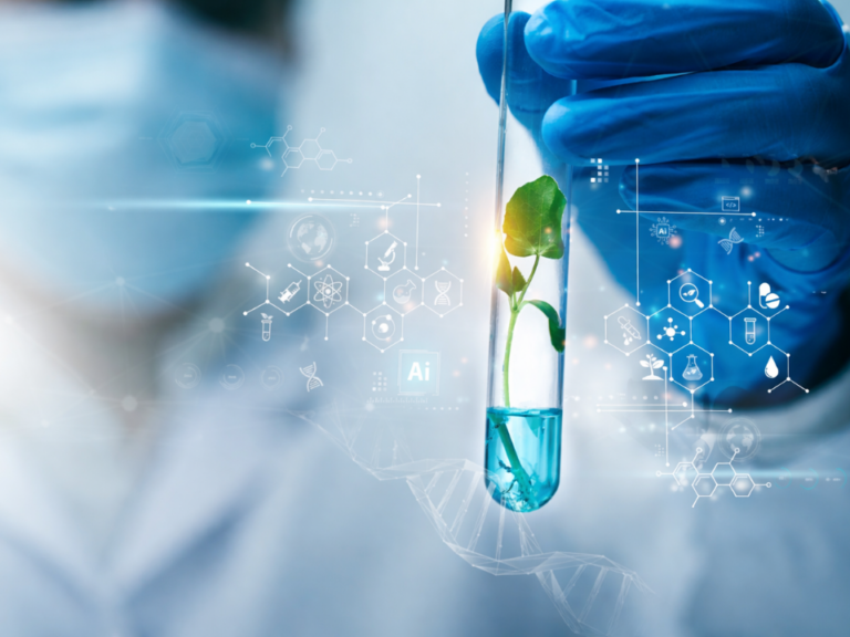 Imagem ilustrativa de química verde com planta em laboratório, representando inovação sustentável na indústria química brasileira.
