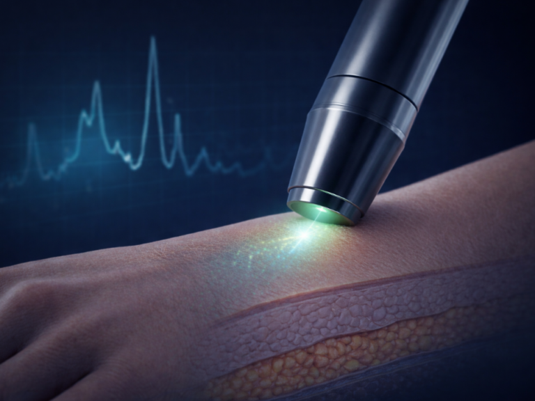 Monitoramento não invasivo de glicose por espectroscopia Raman com sensor óptico aplicado à pele.