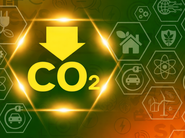 Ilustração conceitual sobre conversão de CO₂ em energia limpa, com símbolo do dióxido de carbono ao centro, setas e ícones de sustentabilidade, inovação química e tecnologias energéticas.