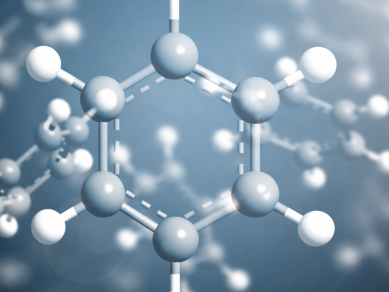 Representação tridimensional de uma estrutura molecular aromática em anel, com átomos interligados em arranjo hexagonal, ilustrando conceitos de aromaticidade e dinâmica molecular em química analítica.