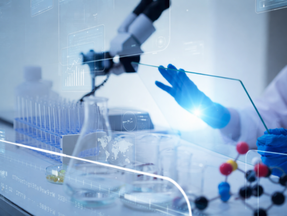Inteligência artificial na ciência aplicada a plataformas digitais em laboratório moderno, integrando análise de dados e pesquisa científica.