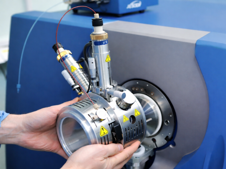 Espectrometria de massas automatizada com técnico instalando módulo de ionização em equipamento analítico de laboratório.