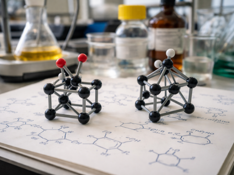 Ilustração científica tridimensional de estruturas moleculares altamente tensionadas, representando alcenos hiperpiramidalizados com geometria não planar e distribuição eletrônica π distorcida, associadas a novas fronteiras estruturais da química orgânica.