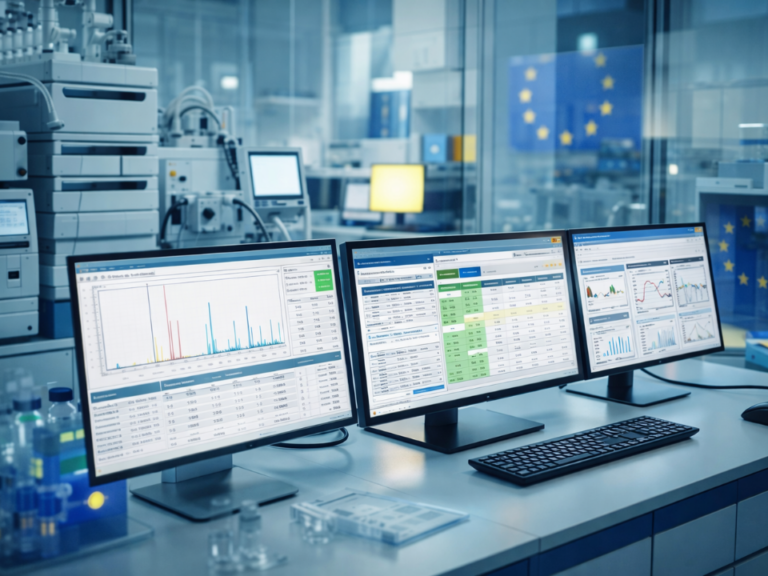Qualidade dos dados analíticos em laboratório farmacêutico moderno, com sistemas de HPLC e espectrometria de massas, telas exibindo cromatogramas e painéis de dados em contexto regulatório europeu.