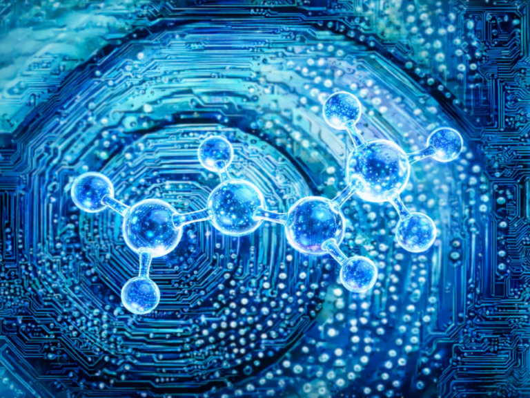 Ilustração de molécula química tridimensional semitransparente sobre circuito eletrônico azul, representando biossensor eletroquímico para detecção ultratraço de biomoléculas.