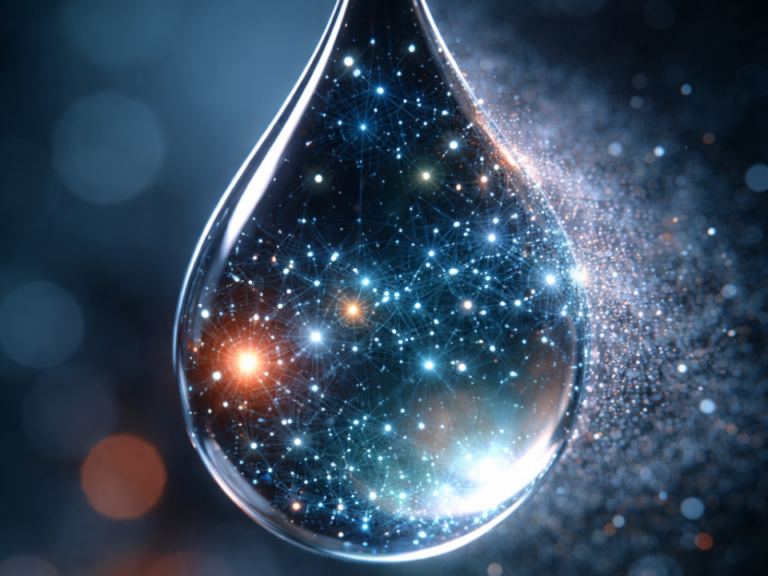 Gota líquida em close com partículas luminosas formando um “universo químico”, representando análise não direcionada química e seus limites na detecção do espaço químico.