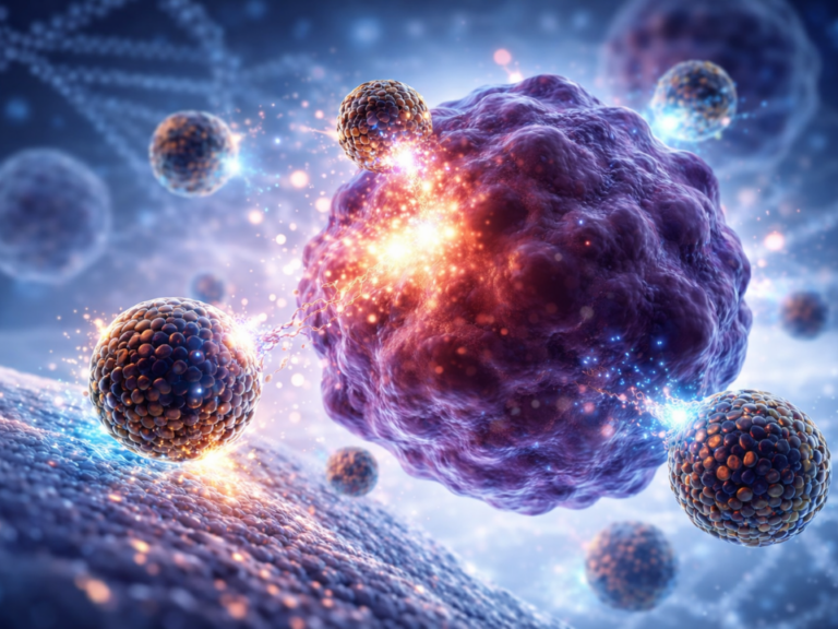 Ilustração científica em close mostra nanopartículas metálicas interagindo com uma célula tumoral, com emissão sutil de espécies reativas na interface, sugerindo reação química em escala nanométrica em ambiente biológico controlado.