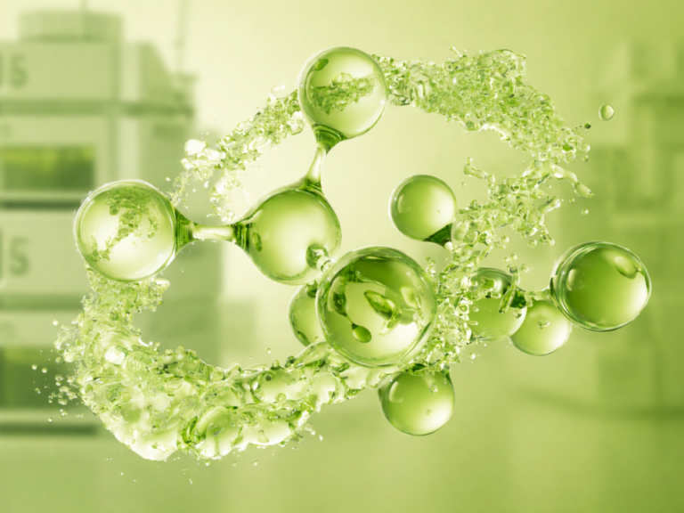 Ilustração conceitual de solventes verdes em RP-HPLC, com estruturas moleculares em verde no primeiro plano e silhueta desfocada de sistema HPLC ao fundo, representando sustentabilidade aplicada à cromatografia líquida.