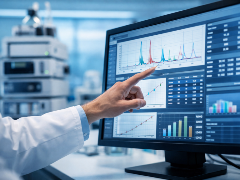 Tela com curvas cromatográficas sendo analisadas por cientista em laboratório moderno, ilustrando validação analítica fit-for-purpose e controle de desempenho de métodos analíticos.