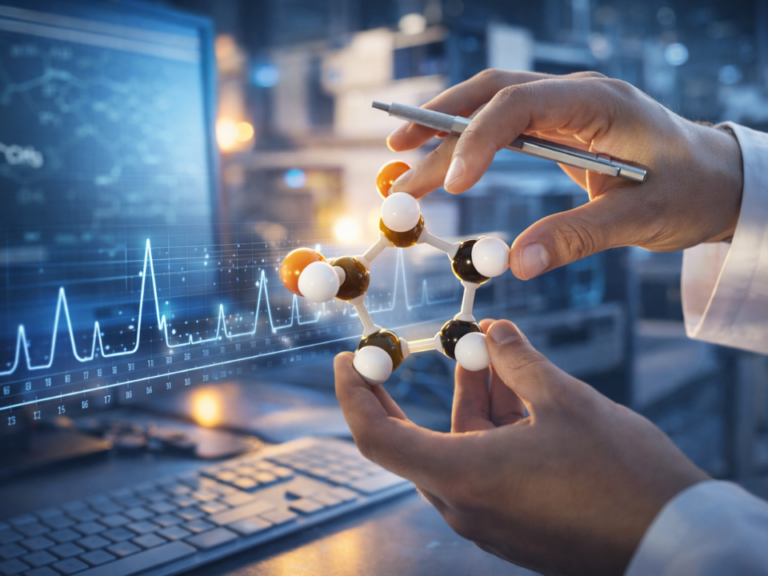Geometria molecular cromatografia representada por mãos manipulando modelo molecular com sobreposição de picos cromatográficos em laboratório analítico moderno.