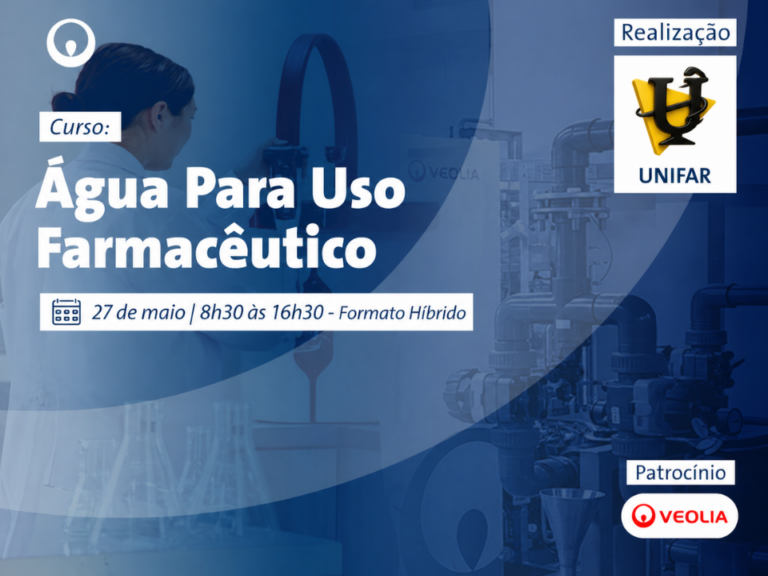 Infraestrutura industrial e ambiente laboratorial ilustrando curso UNIFAR Veolia água farmacêutica, com foco na validação de sistemas de água farmacêutica e controle analítico aplicado.