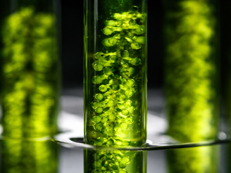 Tubo de ensaio com biomassa lignocelulósica em meio líquido, apresentando estruturas particuladas verdes que simulam beta-glucanos em processo de degradação enzimática, ilustrando mecanismos de catálise processiva aplicados à conversão de biomassa em biocombustíveis.