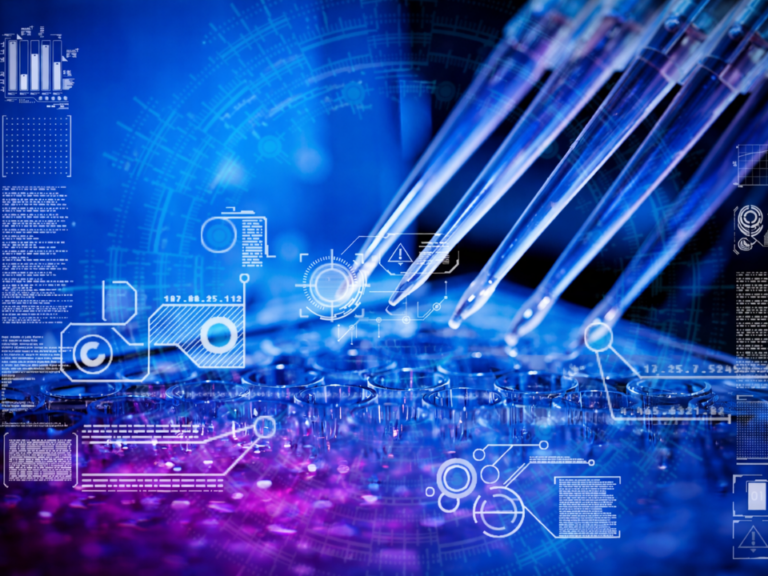 Pipetas automatizadas dispensando amostras em microplaca com interface digital representando gêmeo digital na química analítica e análise em tempo real em laboratório tecnológico.