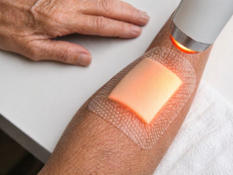 Patch térmico melanoma aplicado no antebraço com ativação por calor, mostrando liberação controlada de energia em dispositivo terapêutico não invasivo em ambiente clínico controlado.