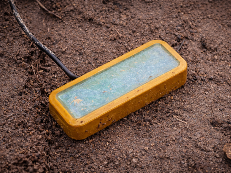 Célula a combustível microbiana no solo com sensor ambiental em invólucro mostarda parcialmente enterrado, conectado por cabo, em solo úmido com matéria orgânica visível e textura natural detalhada, representando geração de energia para monitoramento ambiental autônomo.