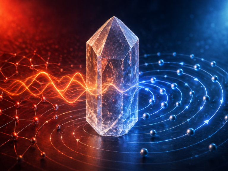 Controle de elétrons sem corrente em cristal de quartzo submetido a gradiente térmico, com representação visual de fônons quirais e momento angular orbital em ambiente científico ultrarrealista.