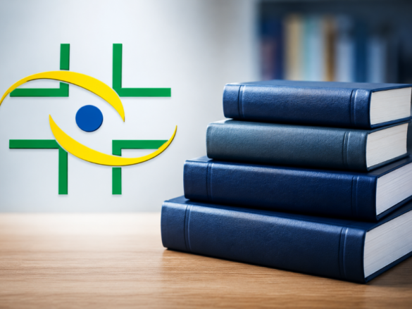 Imagem ilustrativa sobre a aprovação da 8ª edição da Farmacopeia Brasileira pela Anvisa, mostrando livros técnicos e símbolo institucional associado à regulamentação farmacêutica, controle de qualidade e atualização dos compêndios oficiais no Brasil.