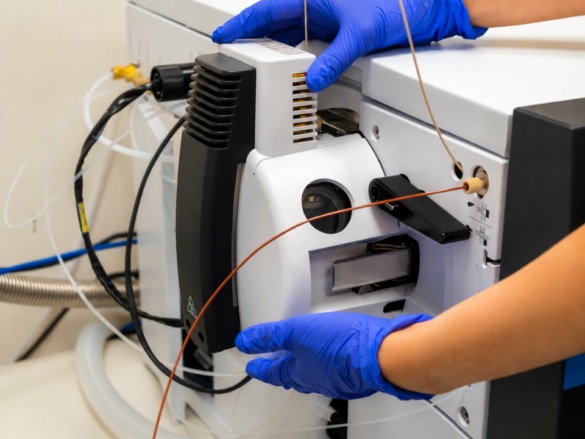 Técnico operando espectrômetro de massas de alta precisão em laboratório analítico moderno, ilustrando aplicações avançadas de espectrometria de massas paralela em química analítica, proteômica e instrumentação científica.
