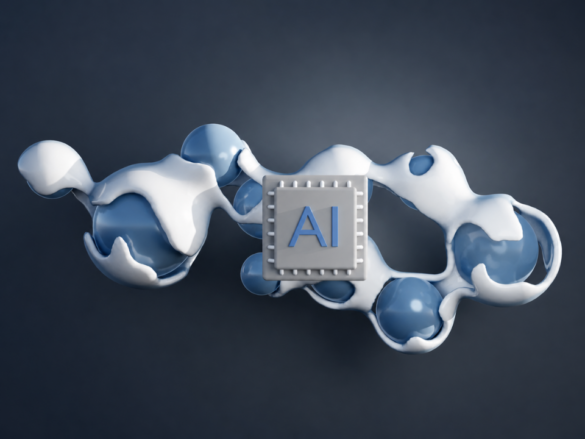 Representação visual de IA na química computacional, com estrutura molecular abstrata e chip de inteligência artificial aplicado à modelagem molecular e descoberta de materiais funcionais￼.