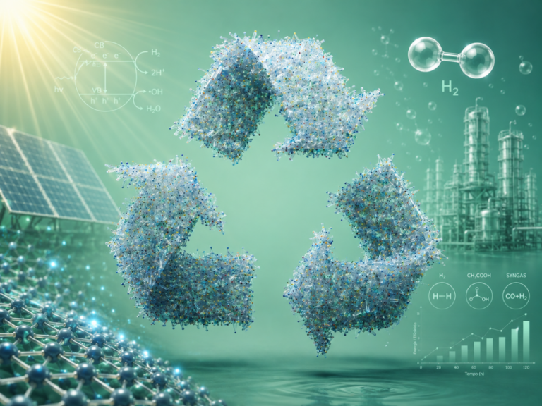 Ilustração científica sobre conversão fotocatalítica de resíduos plásticos, mostrando símbolo de reciclagem translúcido associado à produção de hidrogênio, energia solar, estruturas moleculares e planta industrial de química sustentável.