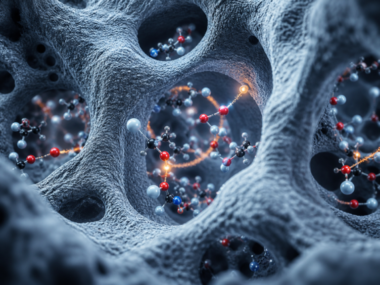 Representação científica de química em nanoescala confinada em material poroso, com moléculas reagindo em nanopores e trajetórias moleculares em ambiente nanoestruturado.