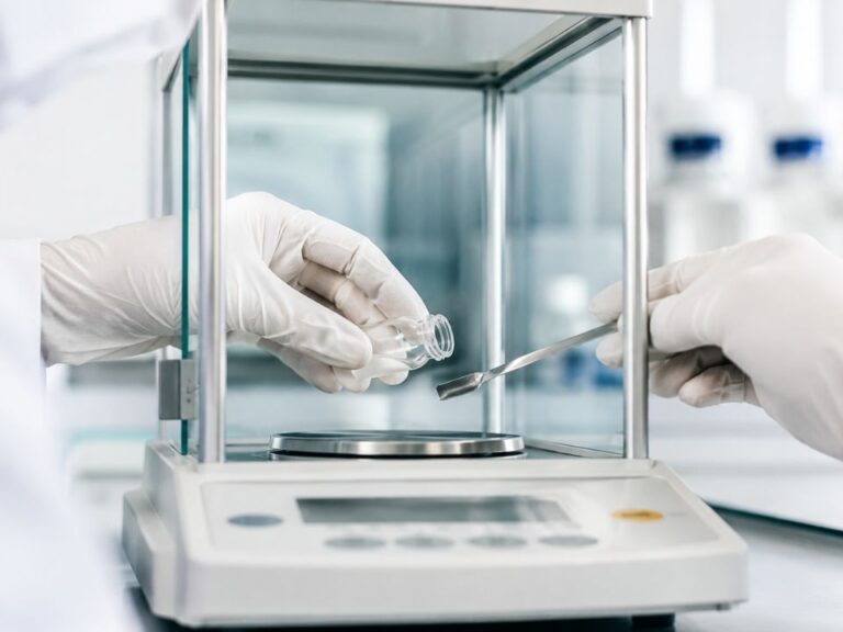 Pesagem de amostra em balança analítica durante procedimento laboratorial, destacando a influência de fatores como correntes de ar, eletricidade estática, temperatura e vibração na precisão das medições.