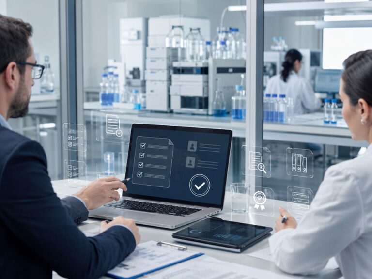 Profissionais analisam documentos e registros digitais durante uma reunião de auditoria em ambiente integrado a um laboratório analítico, representando as novas diretrizes da ISO 19011:2026 para auditorias de sistemas de gestão.